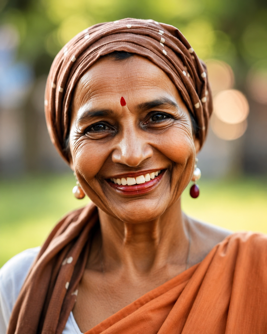 Elderly woman smiling, wrapped in an orange saree with a headscarf — a beneficiary of the Live Life Love Life Charity Foundation's cancer care programs