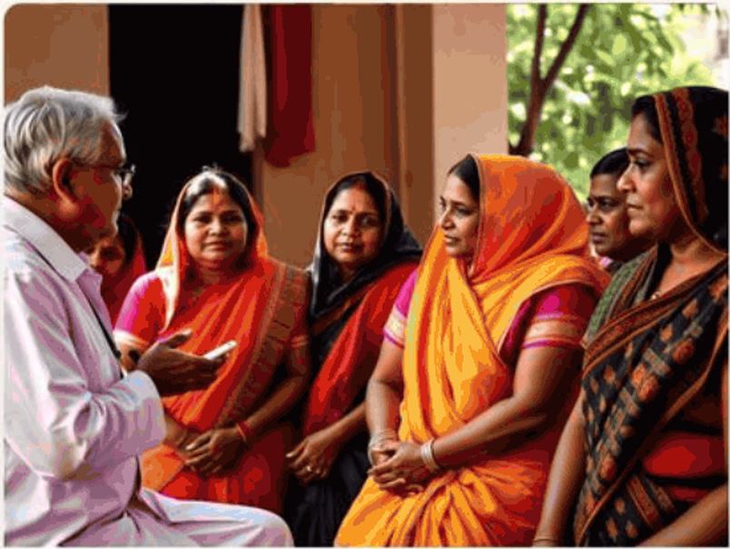 A group of women gathered at a community cancer screening and awareness camp
