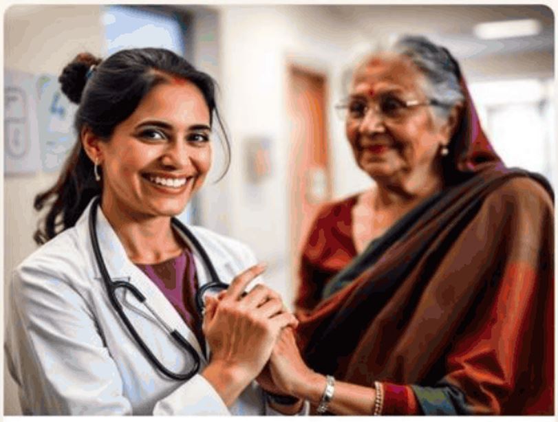 A doctor attending to an elderly female patient during a chemotherapy consultation